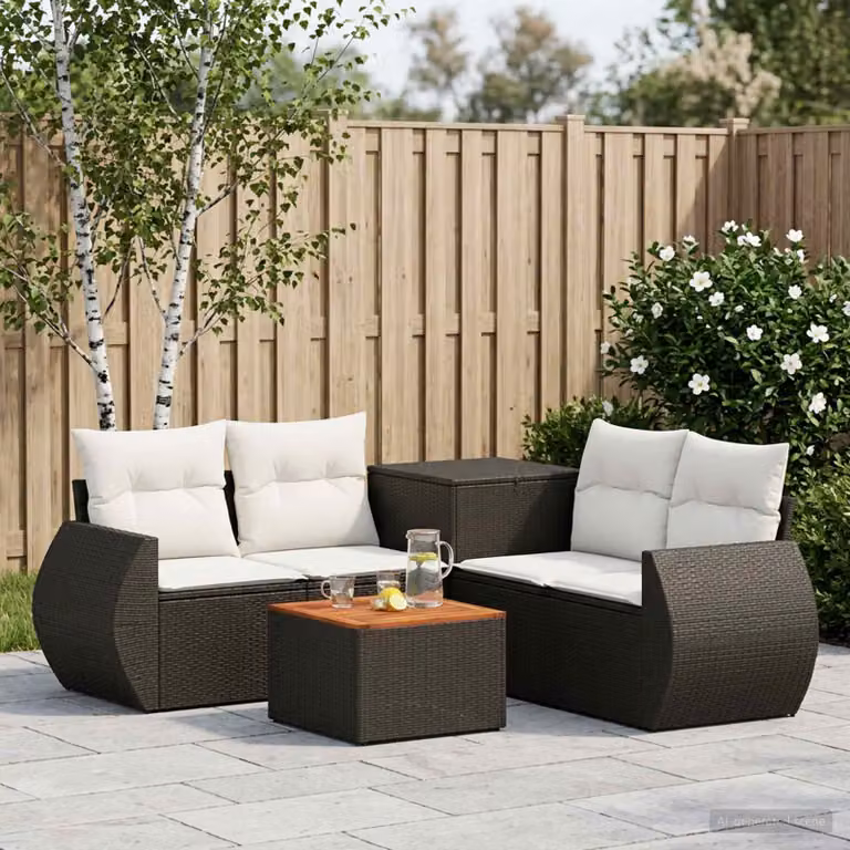 Set di divani da giardino vidaXL in polyrattan nero e bianco con cuscini e tavolino da caffè coordinato