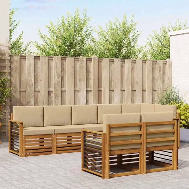 Set di divani da esterno a L vidaXL in legno di acacia con cuscini beige e marrone