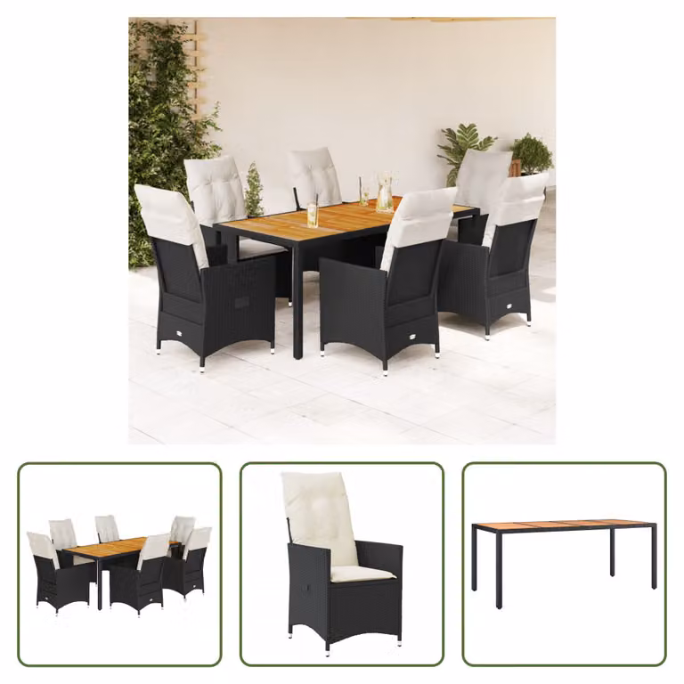 The Living Store Set da pranzo da giardino 7 pezzi con cuscini in polirattan nero