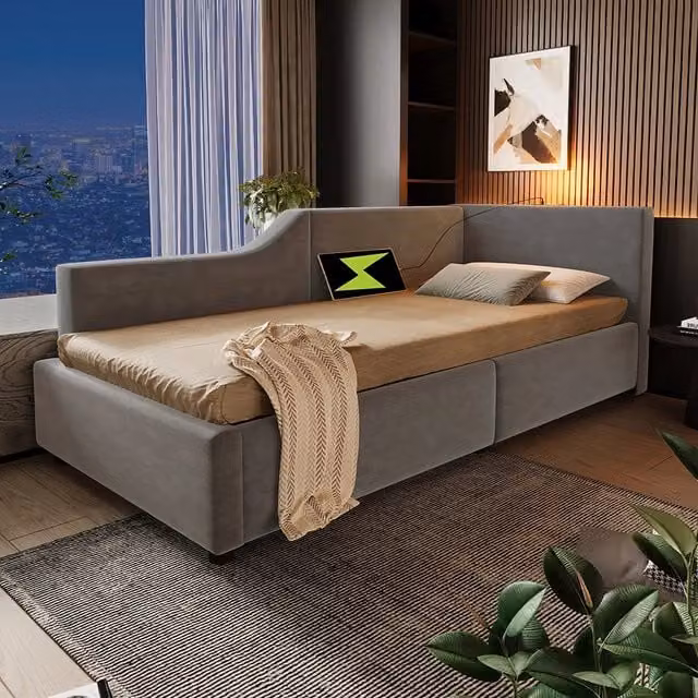 Letto a cassone per bambini - Xylo - 90x190 cm - Grigio - Luci notturne e ricarica USB-C