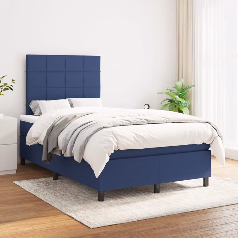 The Living Store Letto a molle con materasso Blu 120x200 cm in tessuto