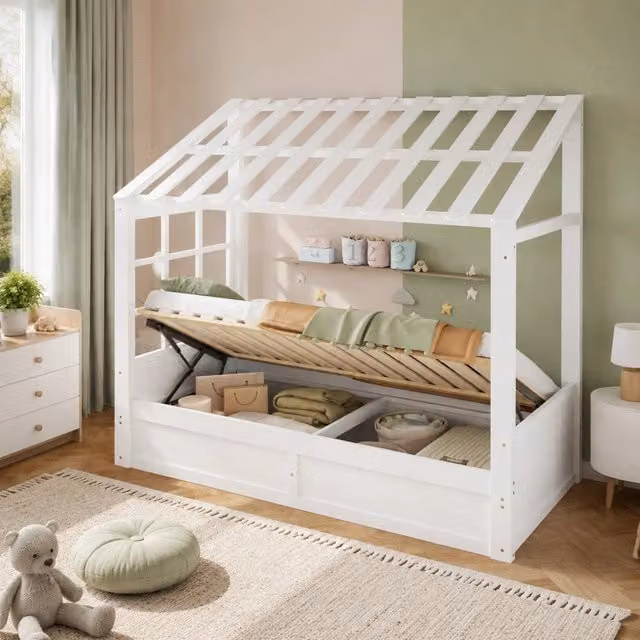 Letto per bambini stile country 90x200 cm con tetto, finestra, contenitore idraulico e scomparti laterali, bianco