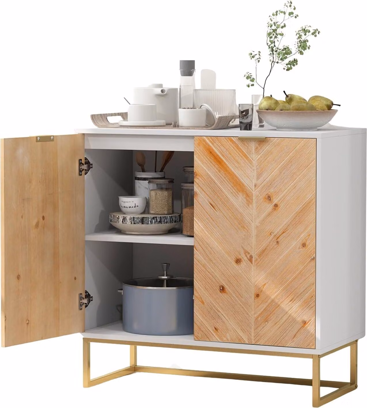 KOMFOTTEU Credenza a 2 ante, mobile da sala da pranzo in legno con gambe in metallo e sistema antiribaltamento, credenza indipendente per cucina, sala da pranzo, soggiorno e ingresso (bianco)