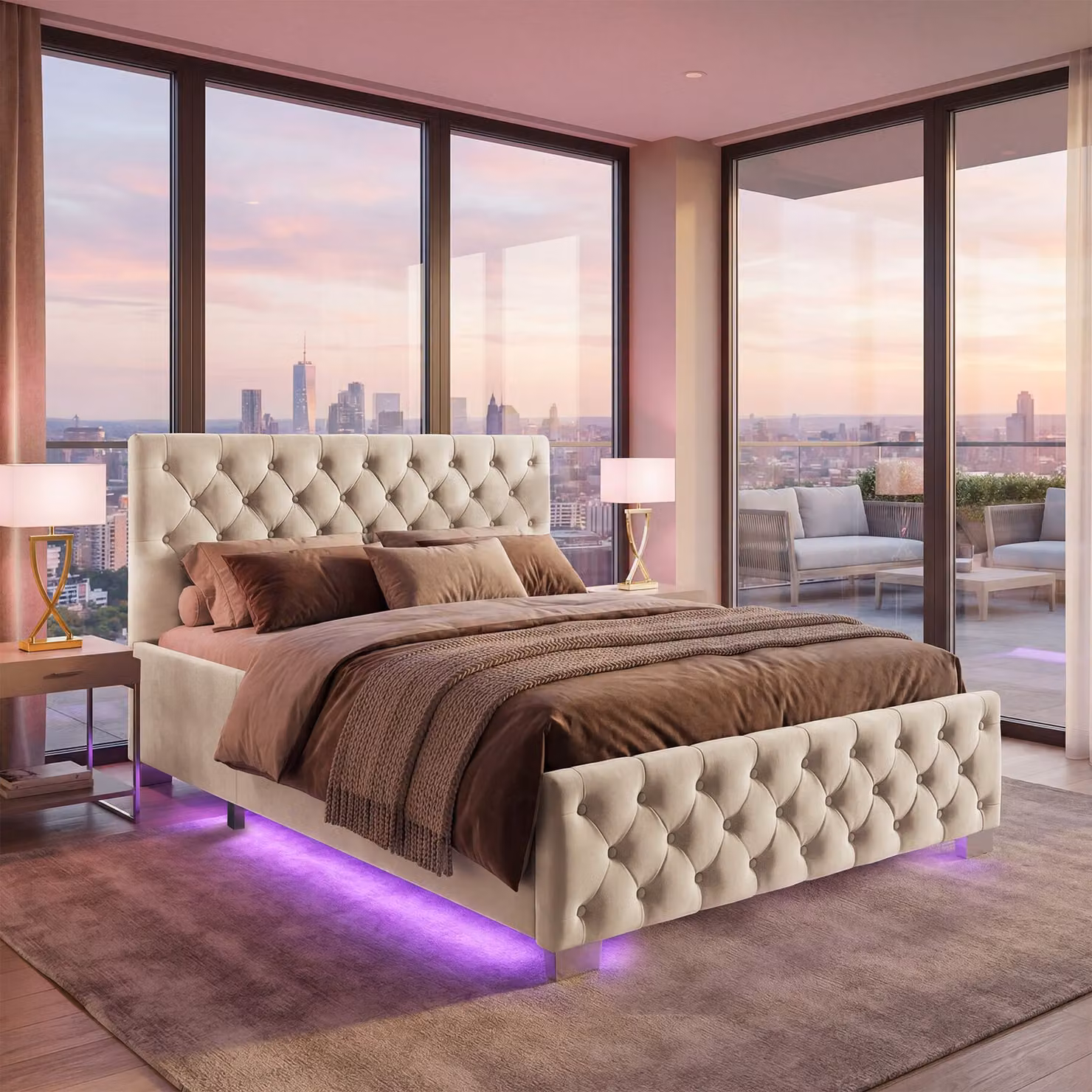 Letto imbottito con contenitore a sollevamento e illuminazione LED Tectake in velluto beige L/P: 120 x 200 cm – 3
