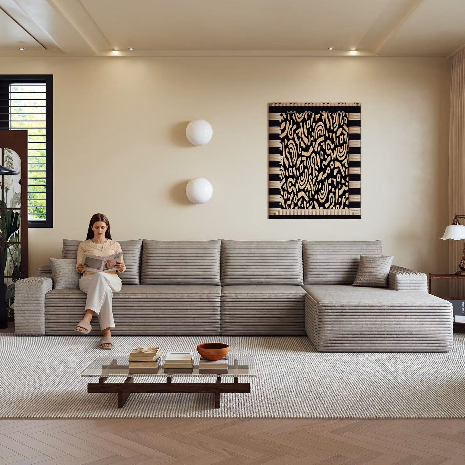 Divano angolare modulare senza schienale, con chaise longue a forma di L, design moderno, seduta profonda. Non richiede montaggio