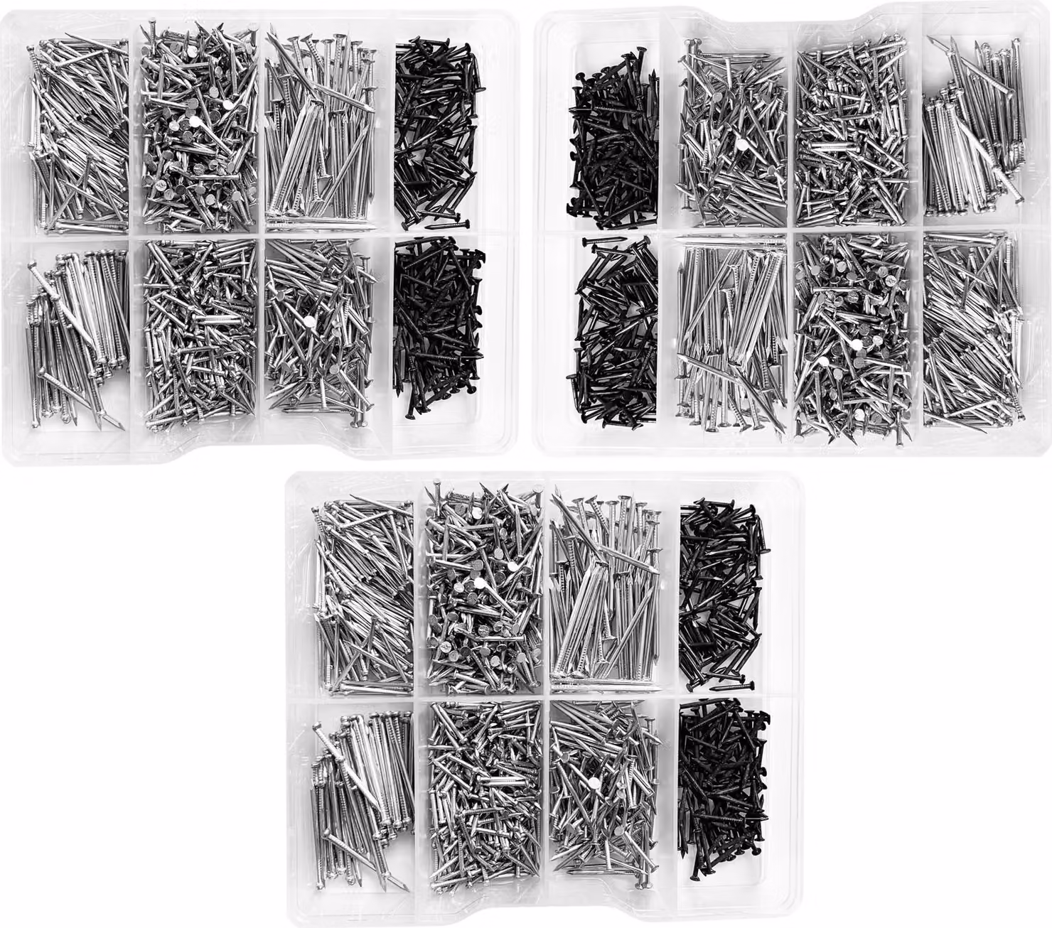 Set di 3375 chiodi piccoli in scatole di plastica assortite (11-30 mm)