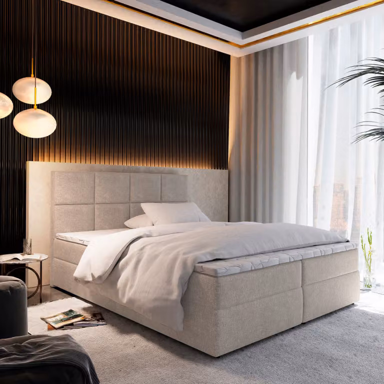 Letto a molle Masseno LENA 180x200 cm completo di materasso e topper Bonell, letto imbottito con cassettiera -Beige, COSMIC 10