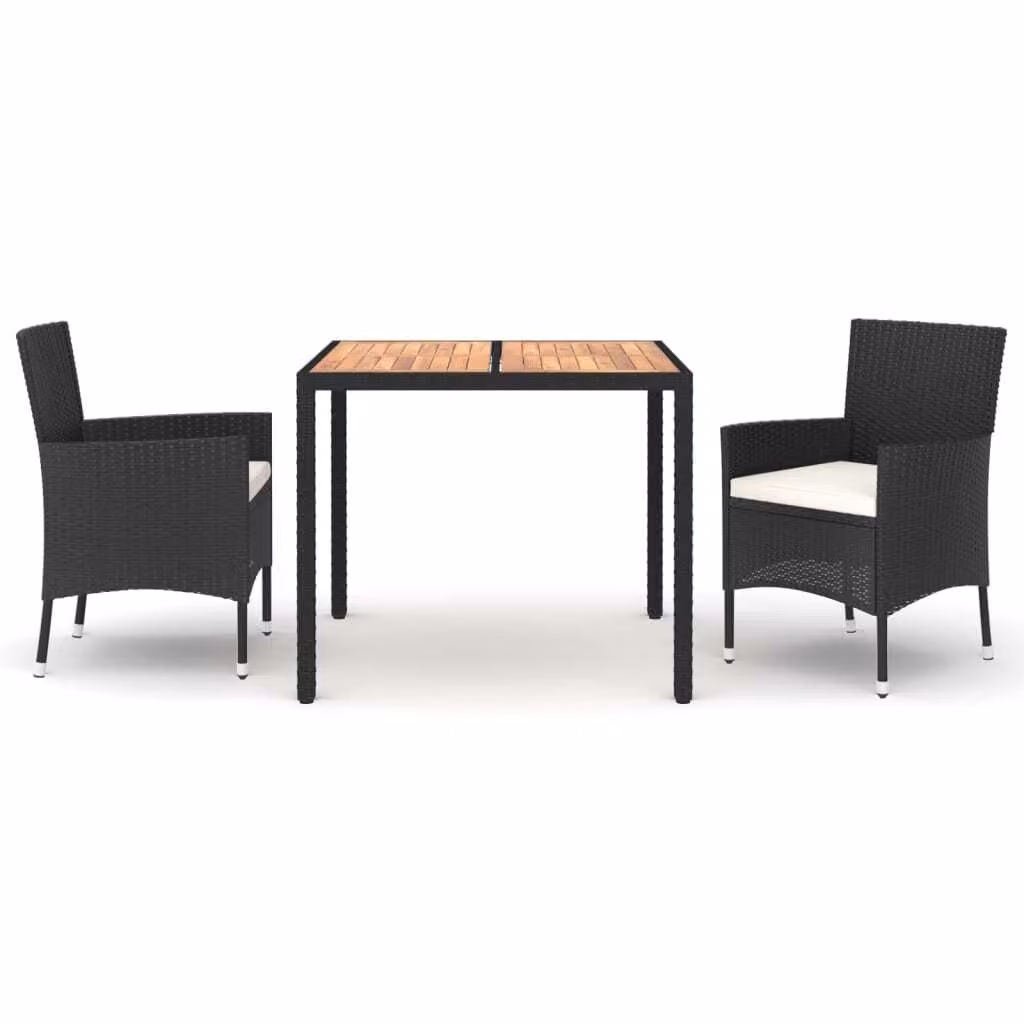 Set da Pranzo da Giardino 3 pz con Cuscini Nero in Polyrattan
