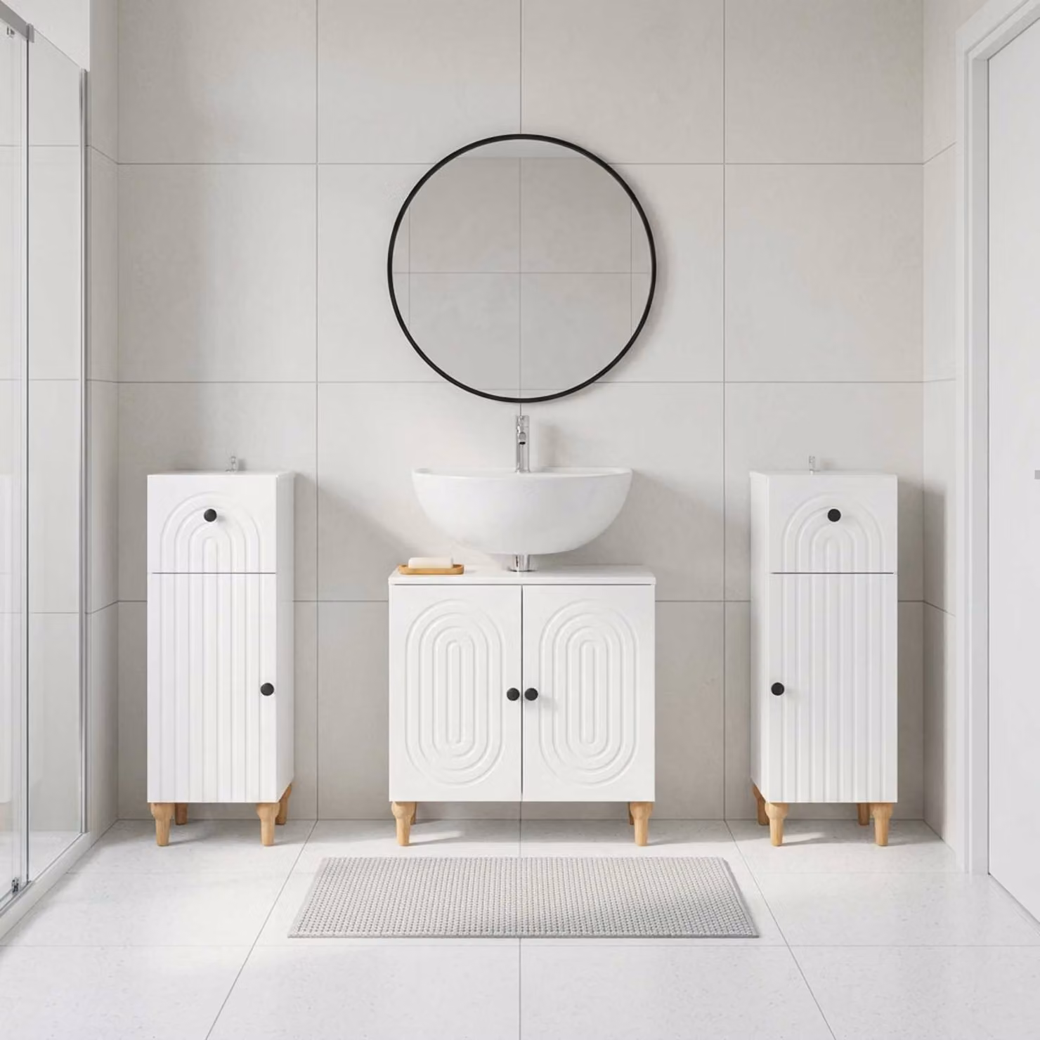 Set di mobili da bagno vidaXL ALKMAAR in 3 pezzi, bianco lucido, con mobile lavabo e armadietti laterali