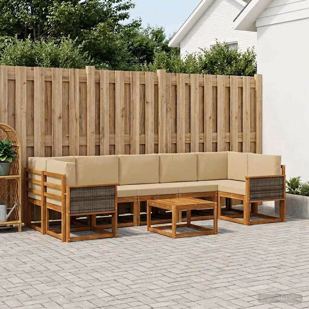 vidaXL Set di divani da esterno a L in legno di acacia con tavolo da caffè, 6 pezzi, marrone e beige