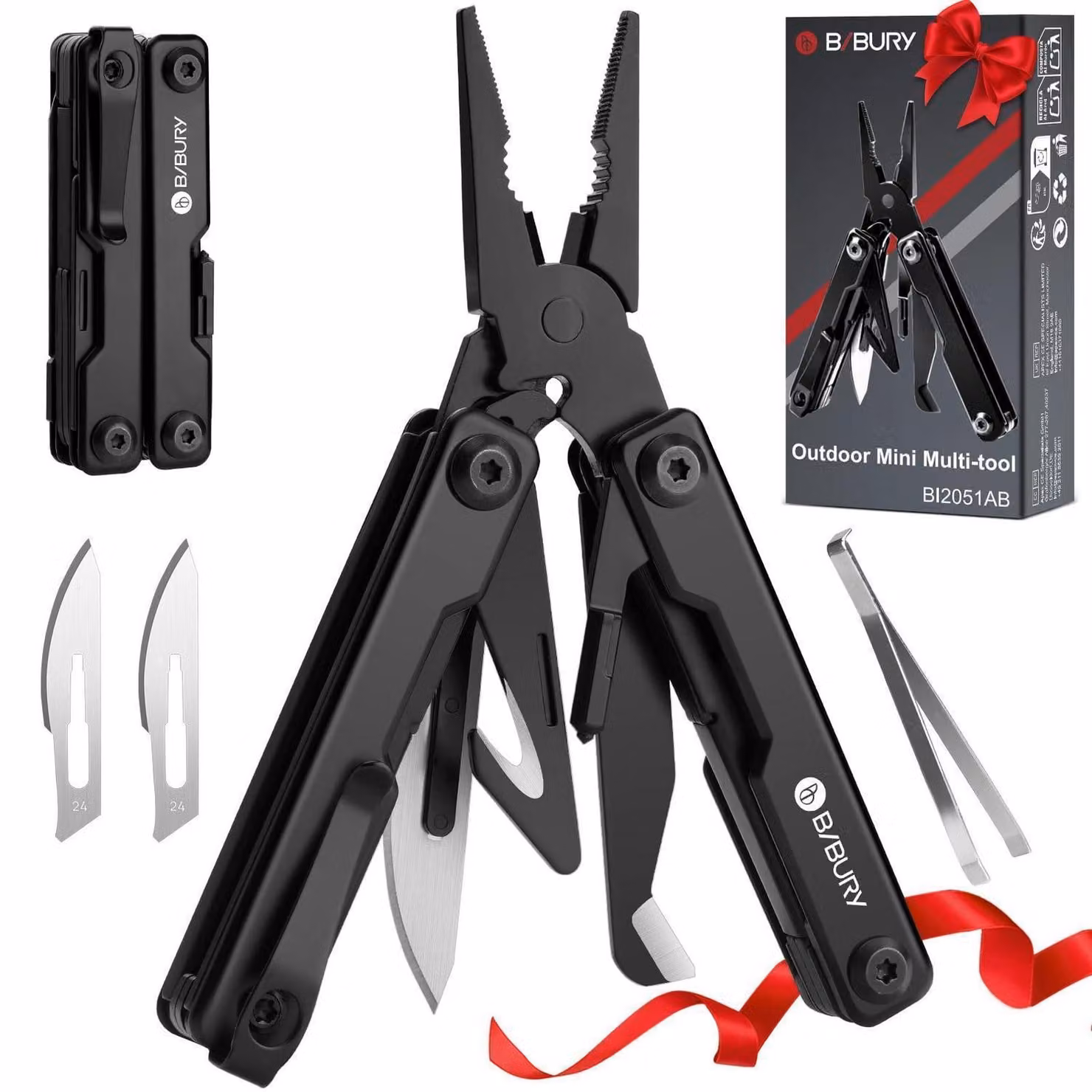 Miniutensile multifunzione a pinza, 10 funzioni in 1, acciaio inossidabile, colore nero, con rompitubi e pinzette