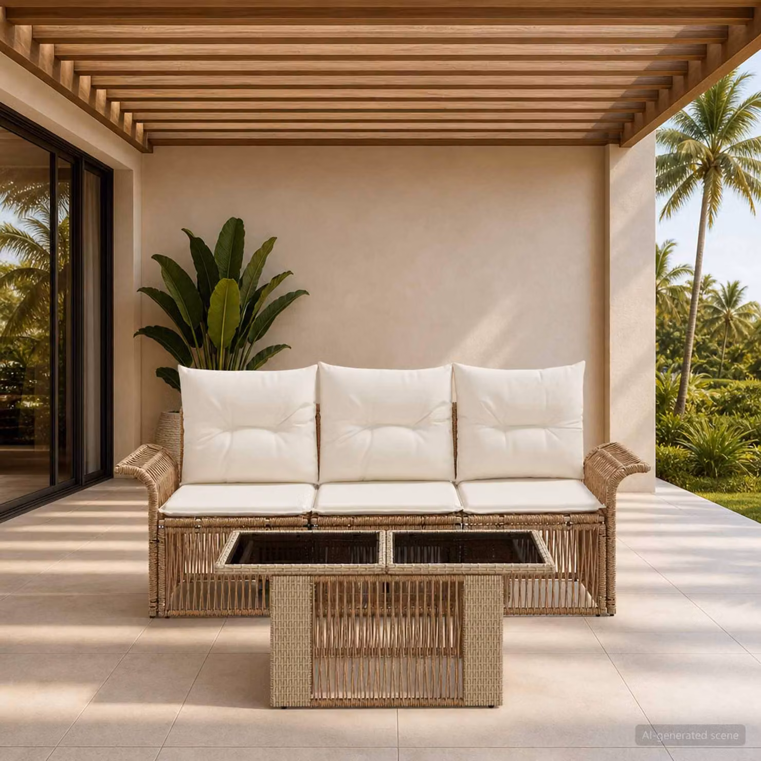 Set Divano da Giardino vidaXL 4 Pezzi in Polyrattan con Cuscini Beige e Bianco Crema