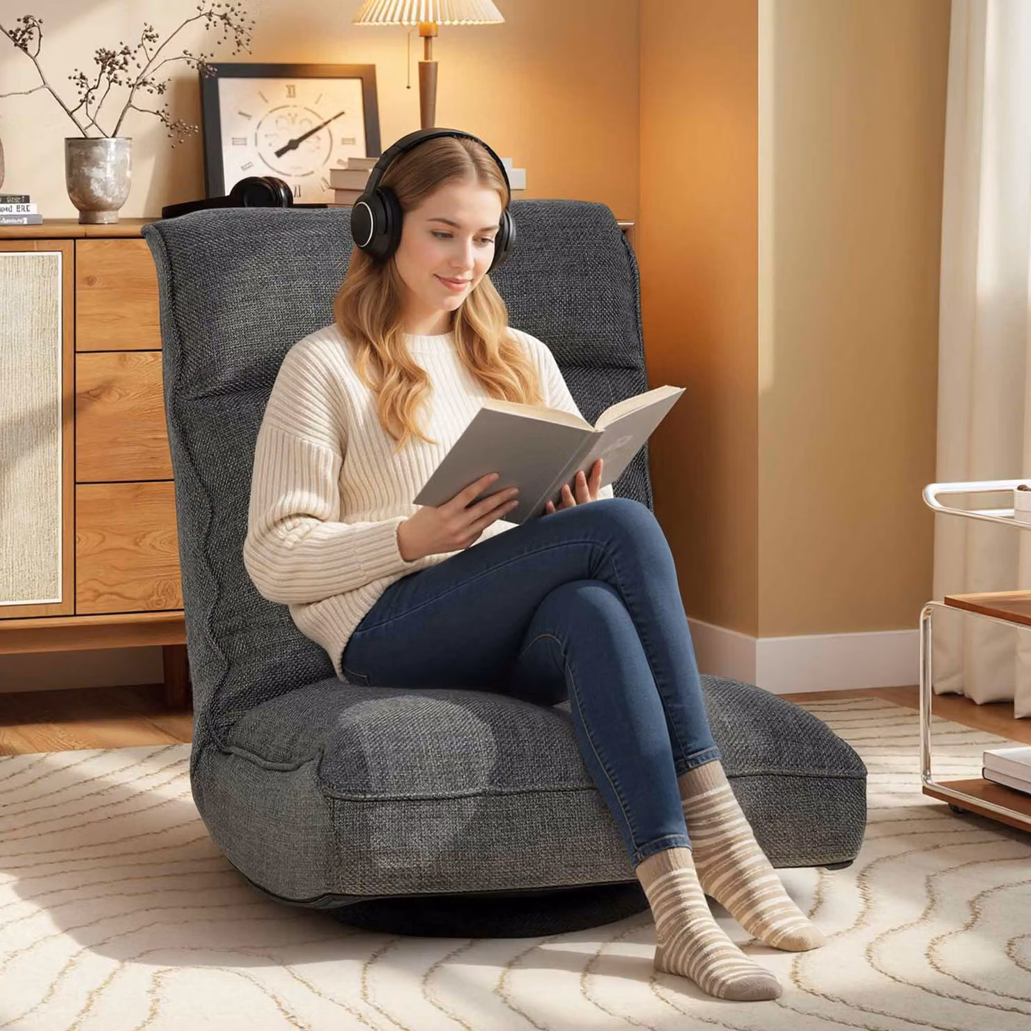 Poltrona da pavimento pieghevole HOMCOM con rotazione a 360°, sedia imbottita con schienale regolabile in 5 posizioni, Grigio, L: 58 cm, P: 107 cm, H: 79 cm – 2
