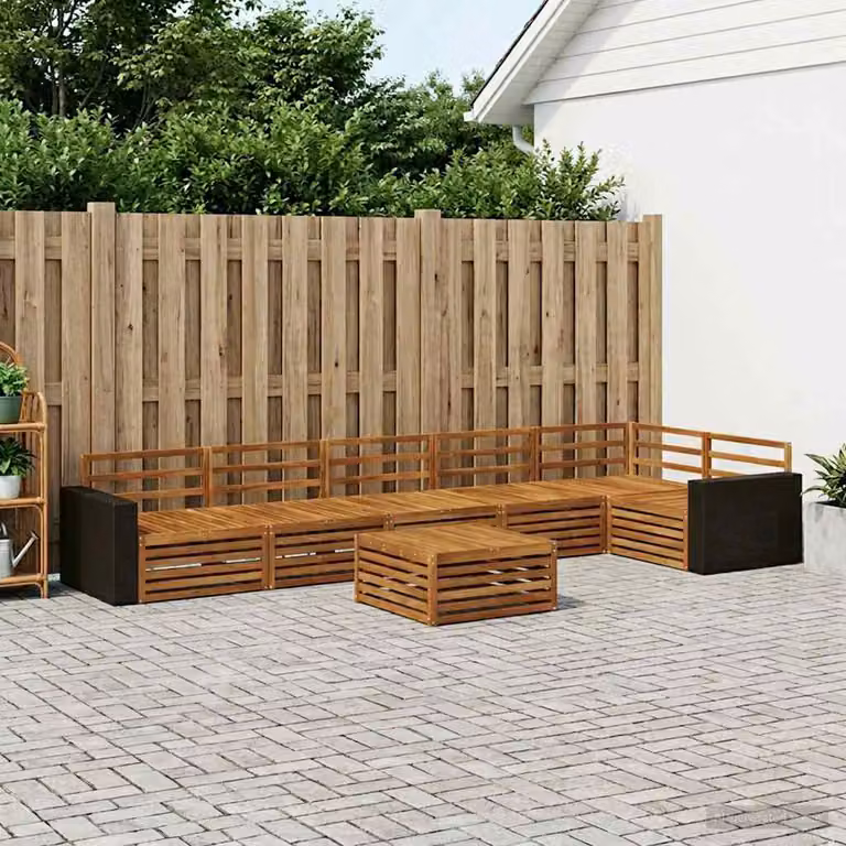 vidaXL Set di divani da esterno a L composto da 7 pezzi in legno di acacia massello marrone con cuscini inclusi