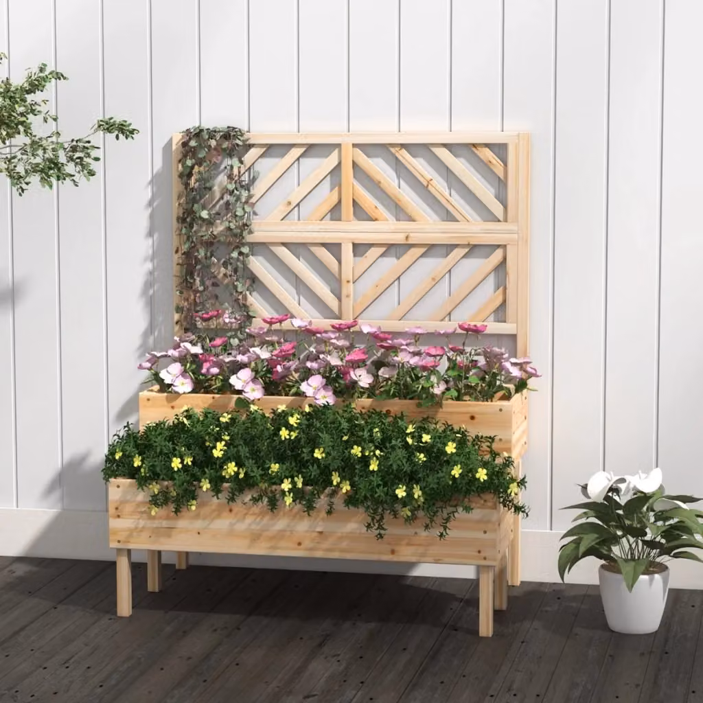 Cassetta da giardino rialzata a 2 livelli DESIGN IN in legno marrone con trellis e fori di drenaggio per orto, erbe aromatiche e piante ornamentali – 2