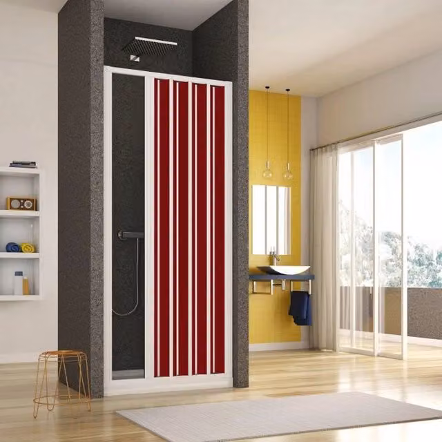 Box Doccia a Nicchia in PVC con Apertura Laterale a Soffietto e Doghe Cieche, Colore Rosso, L: 100 cm, H: 185 cm