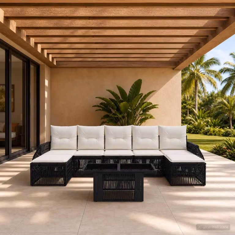 Set Divano da Giardino vidaXL 8 pz in Polyrattan Nero e Bianco Crema con Cuscini e Tavolino