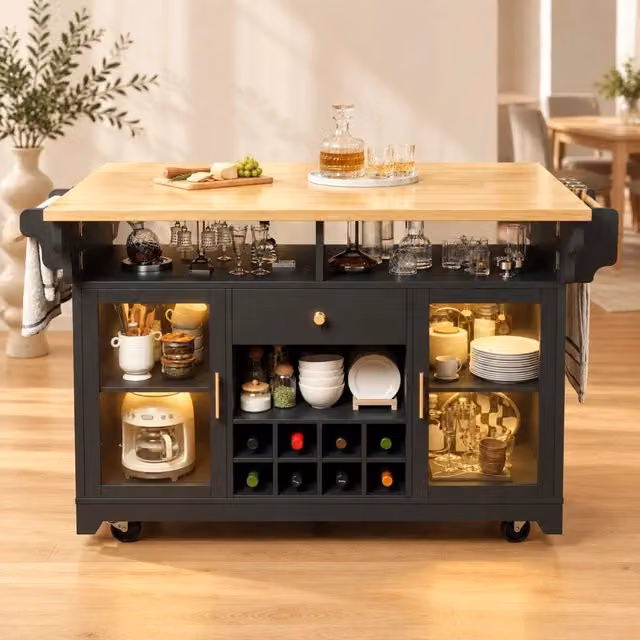 Carrello da cucina mobile nero con LED RGB; piani pieghevoli e portabottiglie; 120x80x95 cm