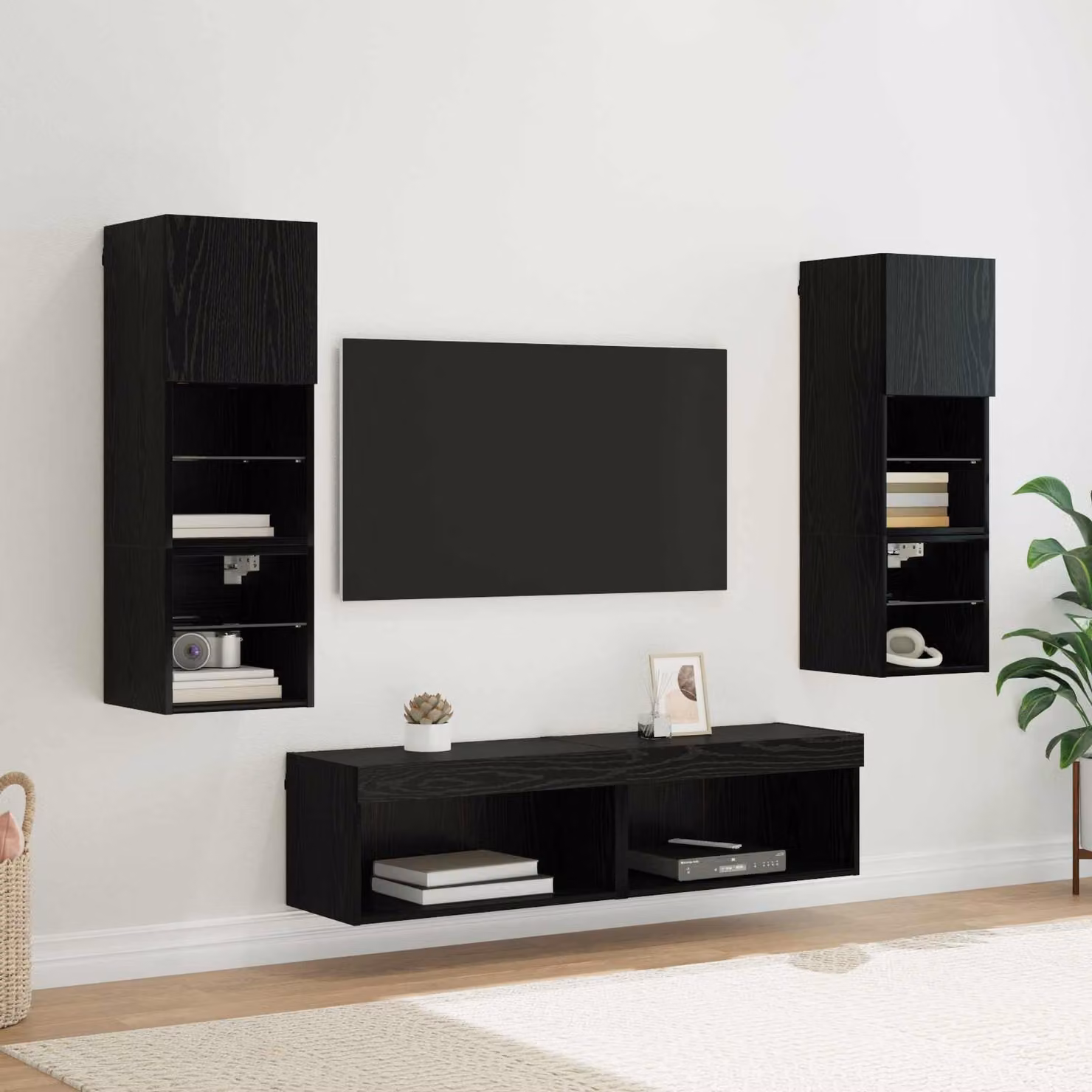 vidaXL Unità TV da parete moderna in 6 pezzi, Rovere e Nero, con illuminazione integrata e scomparti multimediali – 1