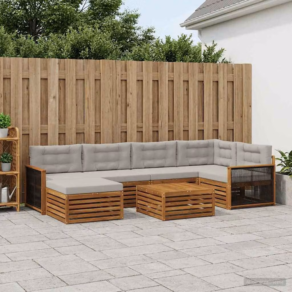 Set di divani da esterno vidaXL a forma di L in legno di acacia con tavolino e pouf, 7 pezzi, Beige, Grigio e Marrone