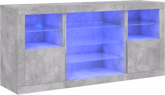 Buffet credenza con cassettiera e luci LED per cucina e soggiorno, grigio, L: 142,5 cm, P: 37 cm, H: 67 cm