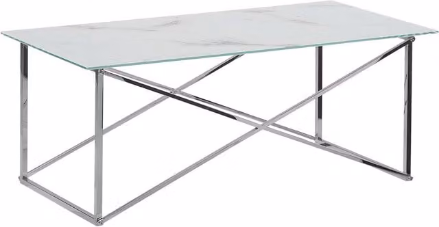 Tavolino Rettangolare Beliani con Piano in Vetro Bianco Effetto Marmo e Base in Acciaio Inox Argento L: 100 cm, P: 50 cm, H: 40 cm