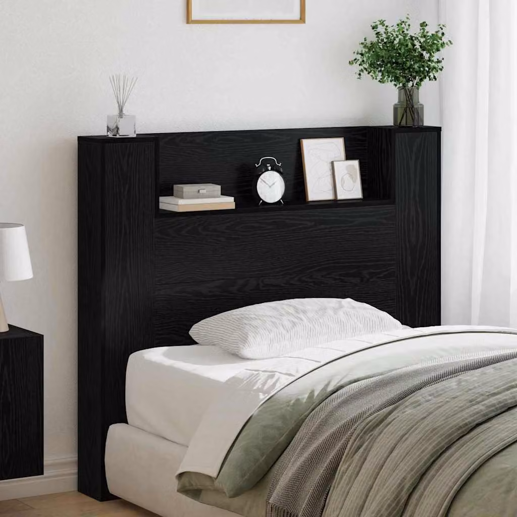 Testiera del letto con illuminazione LED e ripiano portaoggetti vidaXL in legno ingegnerizzato Rovere e Nero, L: 120 cm, H: 103,5 cm, P: 16,56 cm