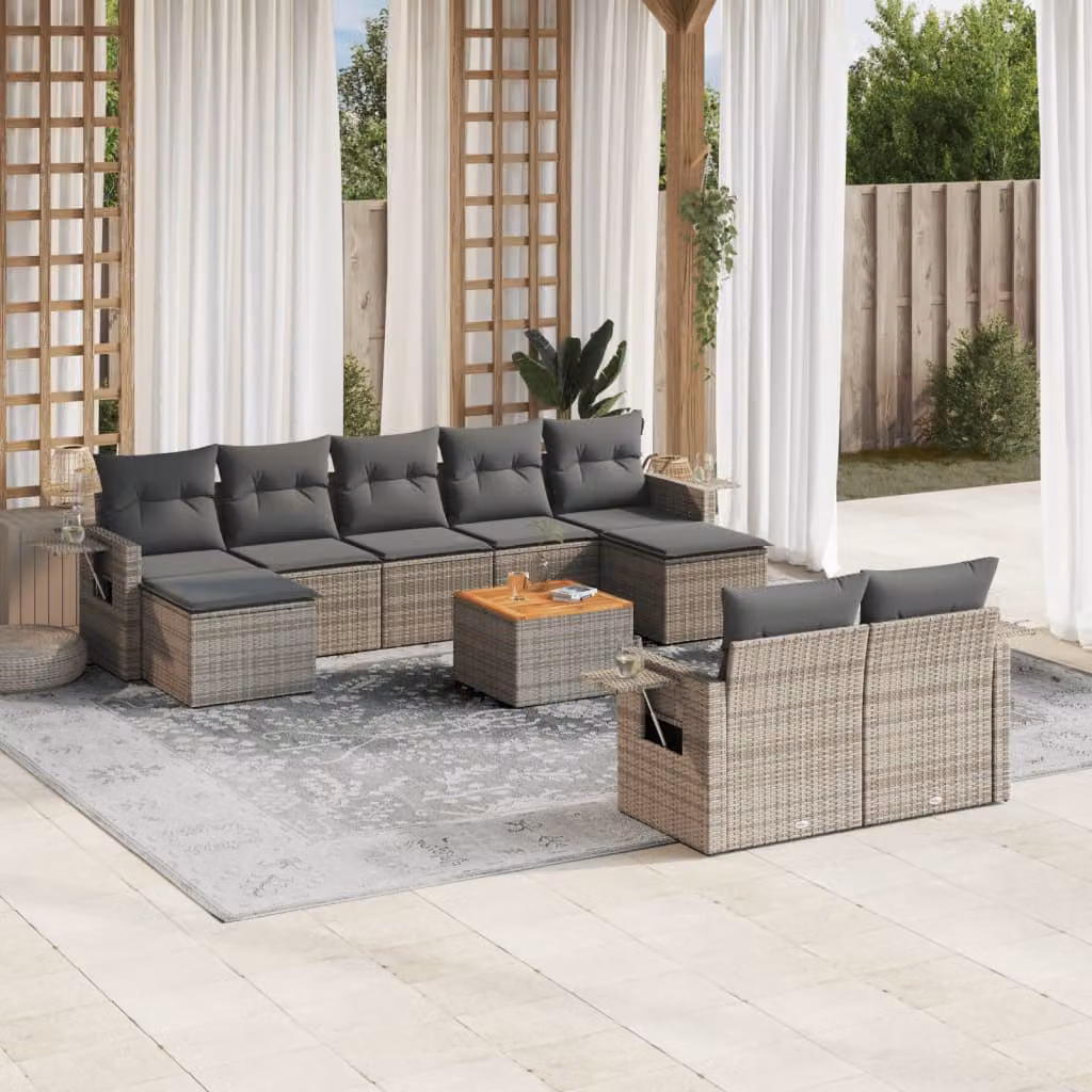 vidaXL Set Divano da Giardino 10 pz in Polyrattan Grigio con Cuscini e Tavolino – 1