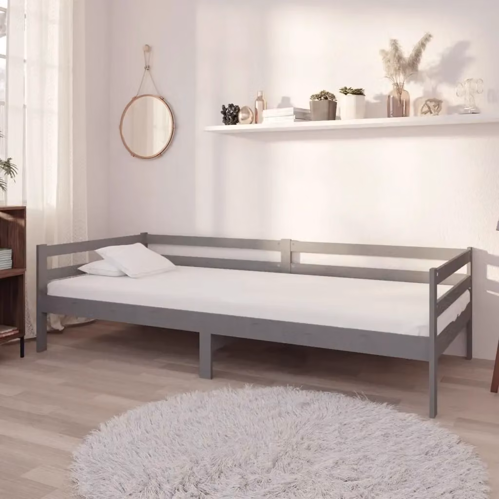 Divano letto singolo in legno di pino con materasso in schiuma, colore grigio e bianco, design minimalista per soggiorno o camera da letto, dimensioni materasso: 90 x 200 cm – 2