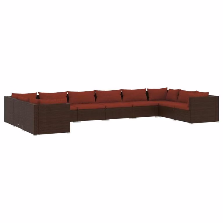 Set Divani da Giardino 10 pz con Cuscini in Polyrattan Marrone
