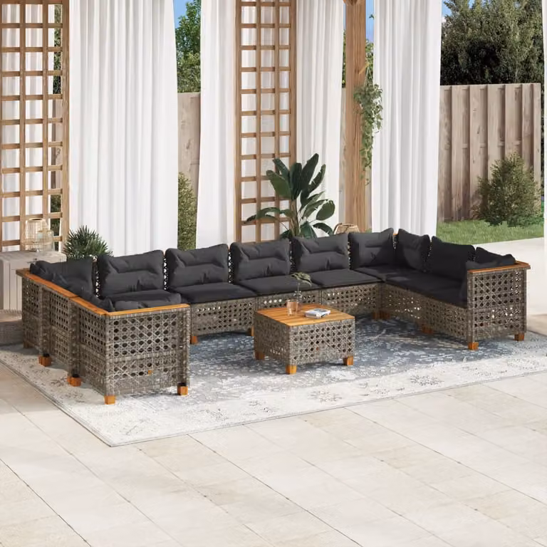 vidaXL Set Divani da Giardino a L 11 pz in Polyrattan Grigio con Cuscini e Tavolino da Esterno