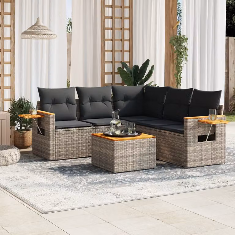 Set Divano da Giardino vidaXL 6 pz in Polyrattan Grigio con Cuscini e Tavolino da Caffè