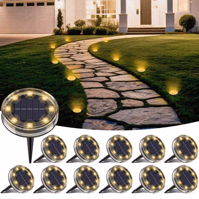12 lampade solari per il giardino, con 8 LED, grado di protezione IP68 (resistenti all'acqua), luce bianco caldo