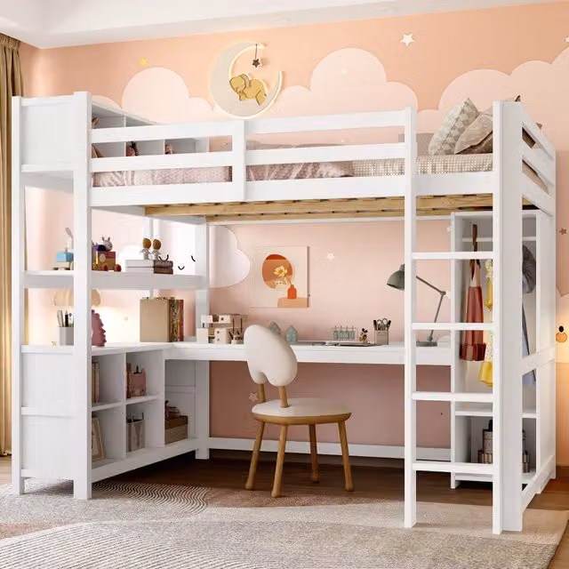 Letto a castello 140x200 cm con scaffali, vani portaoggetti, scrivania, armadio, senza materasso - Bianco