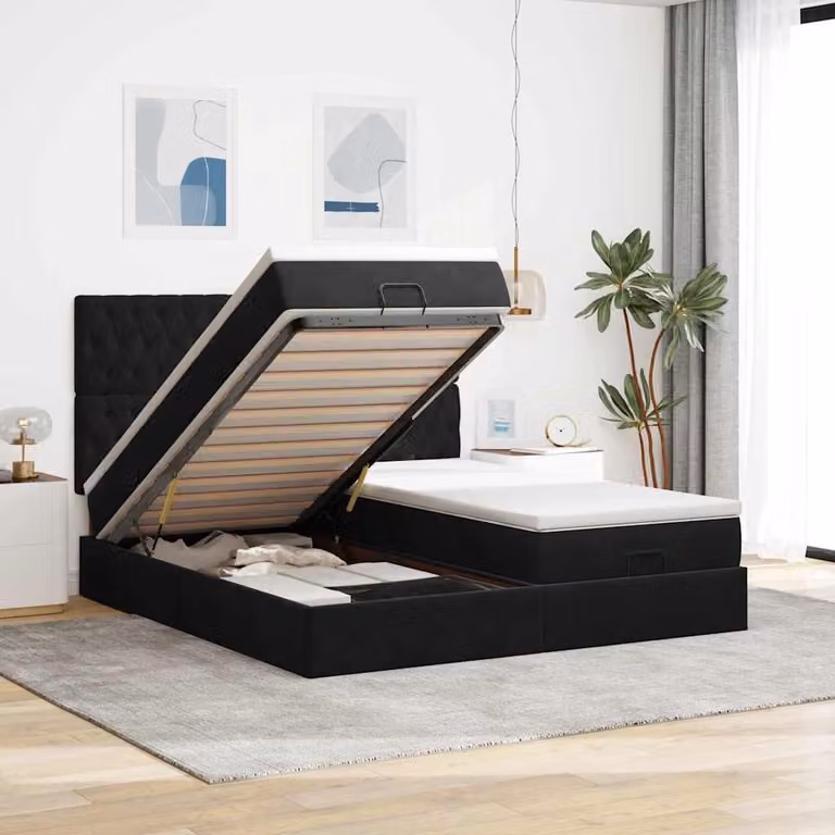 Letto con contenitore a sollevamento vidaXL in velluto nero con porte USB e illuminazione sottostante L/P/H: 203 x 160 x 128 cm