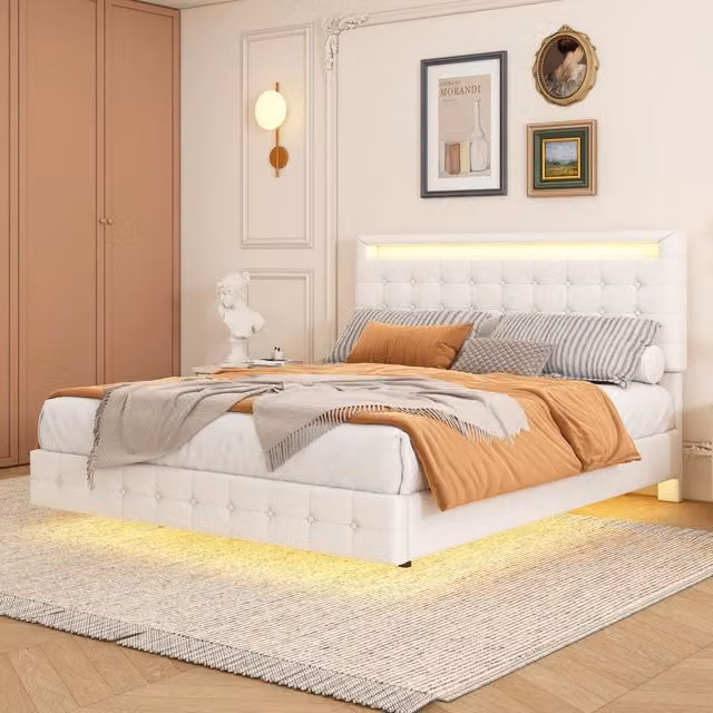 Letto matrimoniale sospeso 140 × 200 cm con illuminazione LED regolabile e testiera a 3 altezze, senza materasso, bianco