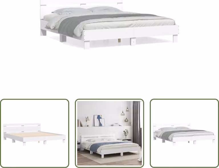 The Living Store Giroletto con testiera bianco 160x200 cm in materiale ligneo