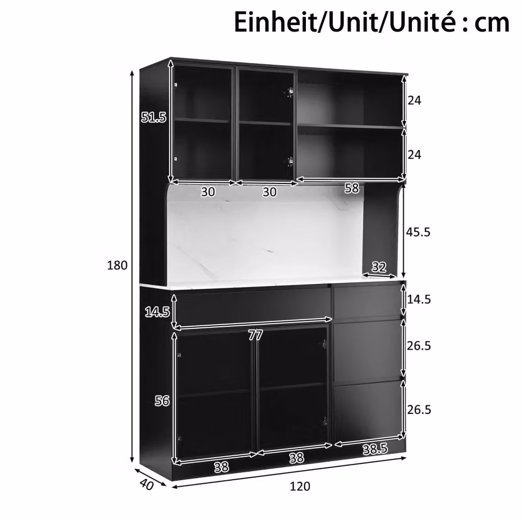 Sideboard moderno REDOM in MDF e vetro con illuminazione LED, Bianco e Nero, L 120 cm x P 40 cm x H 180 cm – 2