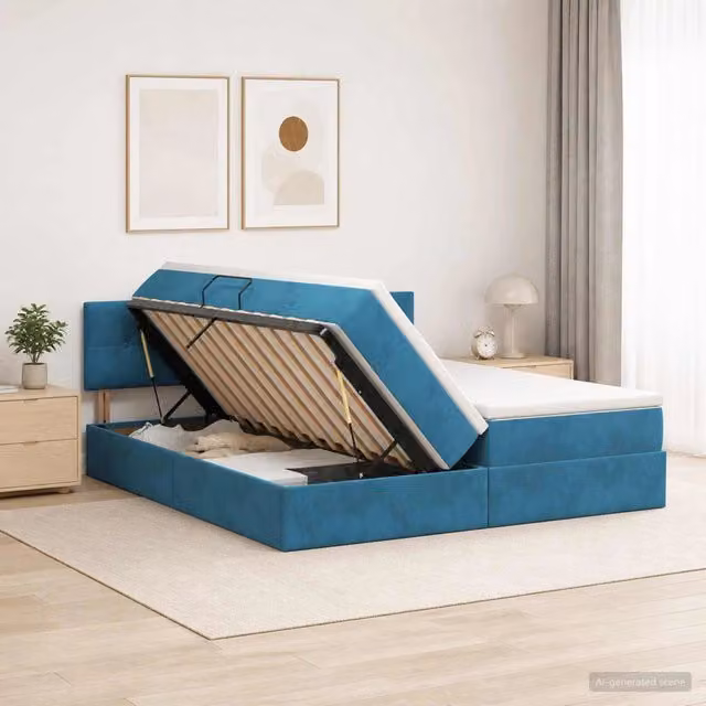 Letto con contenitore e illuminazione LED vidaXL in velluto blu con porta USB e materasso a molle L/P/H: 200 x 200 x 88 cm