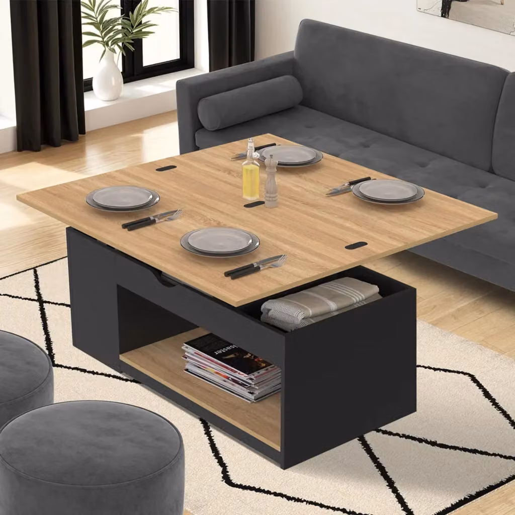 IDMarket Tavolino rettangolare trasformabile in tavolo da pranzo ELEA in legno nero e impiallacciatura di faggio – 2