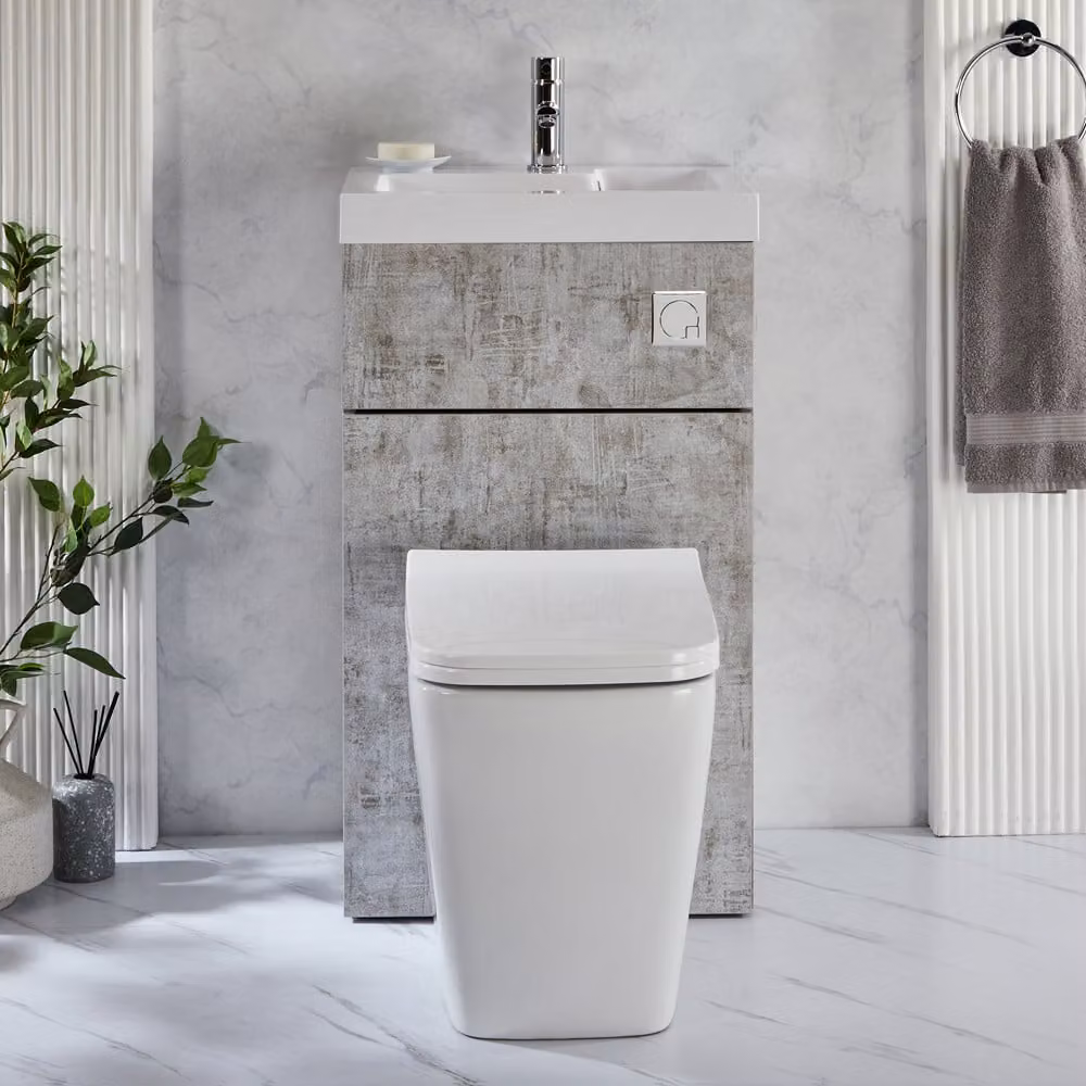 Set Sanitario Sanford Moderno con Lavabo Integrato - Grigio Cemento - 500mm x 890mm - Pulsante di Scarico Cromato