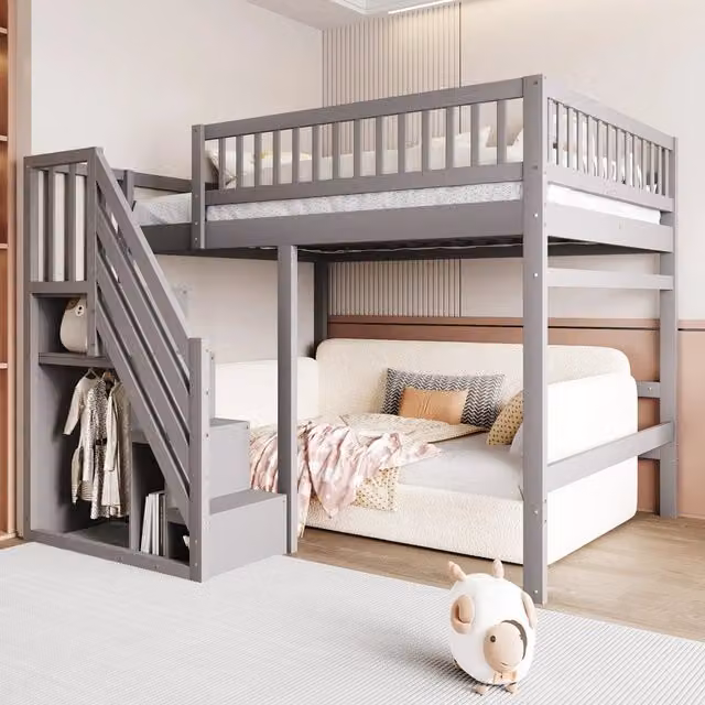 Letto in legno massello 140 x 200 cm con scala e armadio contenitore, sponde alte, per bambini e ragazzi - Grigio, SKU LDB00165AAE