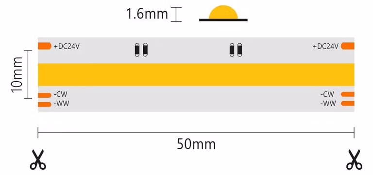 Striscia led COB IP20 5m da 8+8W/MT 24V - CCT - 2700K-6500K