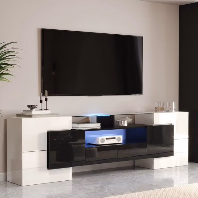 Mobile TV 200x35x60 cm; 6 ante e 2 cassetti; LED multicolore; pannello truciolare bianco e nero