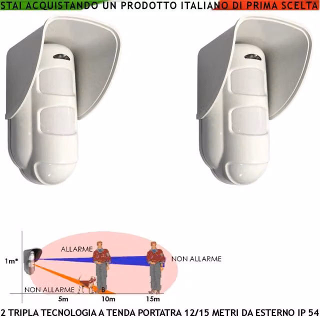 Set di 2 Rilevatori di Movimento da Esterno Securvera con Tripla Tecnologia, Sensori PIR e Microonde, Portata 15 Metri, Alimentazione 12V via Filo, Colore Bianco