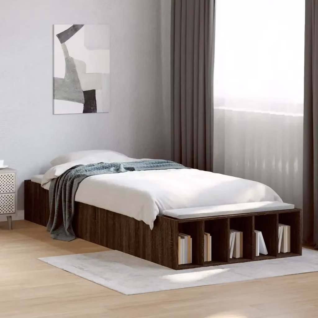 Letto singolo moderno in legno multistrato color rovere marrone con scomparti laterali L/P/H: 200 x 100 x 30 cm – 2