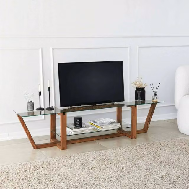 Mobile porta TV Arienzo DMORA, Credenza moderna per soggiorno in legno e vetro, Marrone, L: 158 cm, P: 35 cm, H: 35 cm – 1