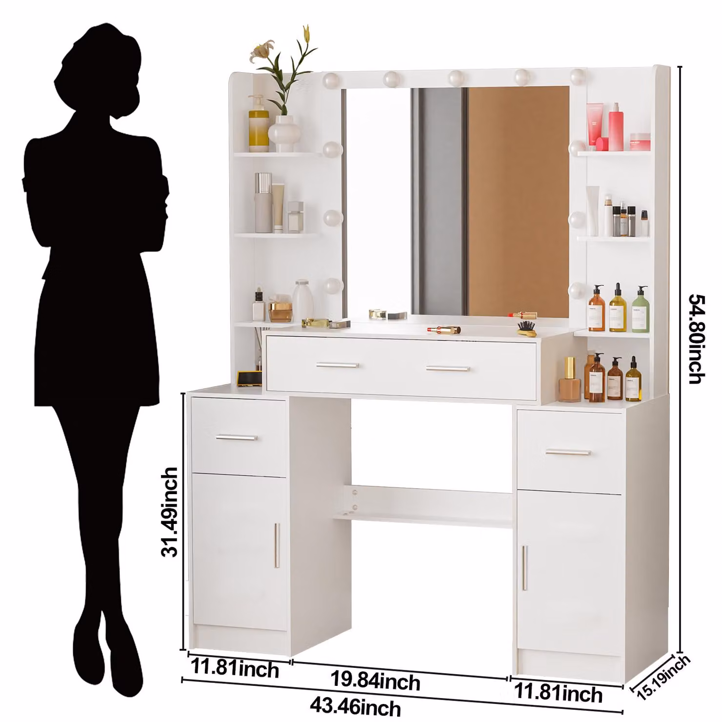 Comò con specchio a LED, bianco - 3 modalità di colore, luminosità regolabile - legno - design moderno e minimalista - mobile per la camera da letto