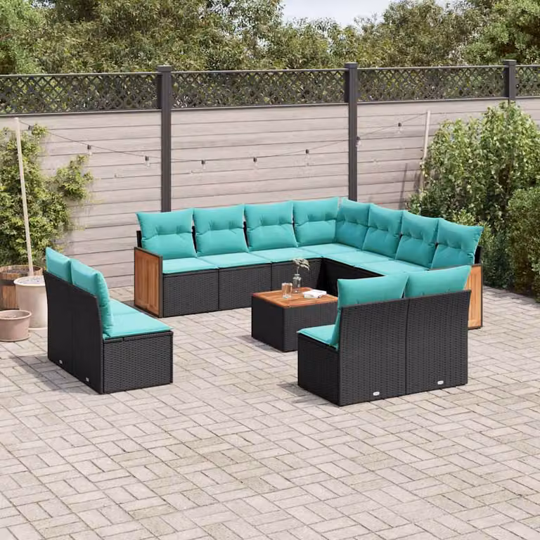Set di divani da giardino vidaXL 12 pezzi in polyrattan nero con cuscini blu e struttura in legno di acacia oliato