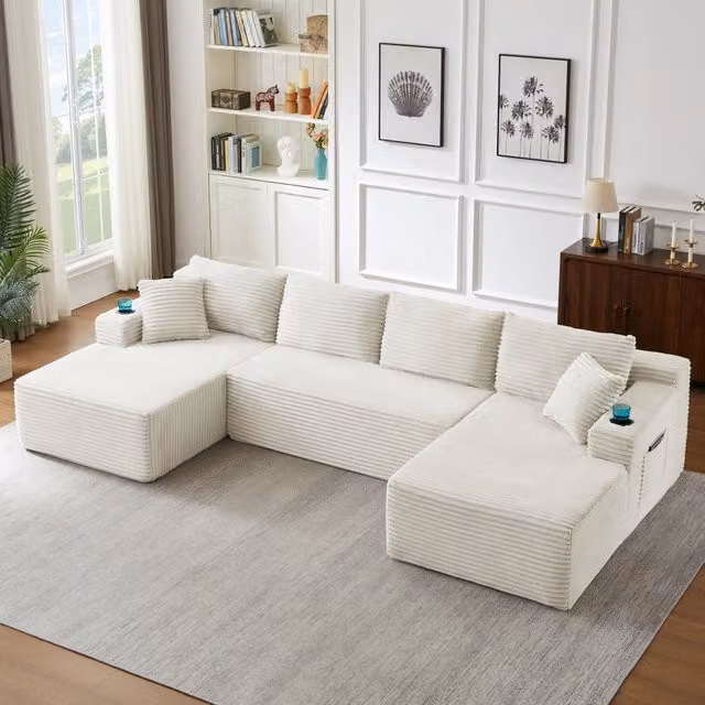 Divano modulare a U per soggiorno con seduta profonda e supporto ergonomico senza montaggio in velluto a coste beige
